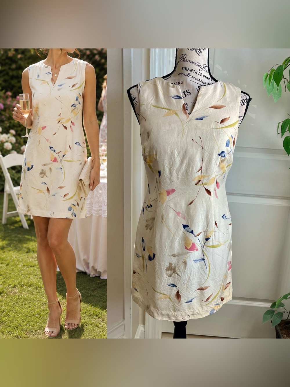 Ann Taylor Petites 90s  Vintage Silk Floral Sheath Mini Dress Ivory Sz 2P